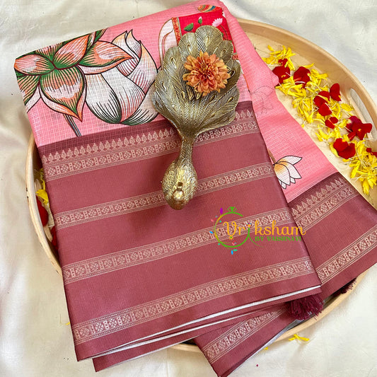 Rosemilk Pink Pichwai Kalamkari Semi Tussar Saree-VS3154