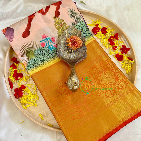 Light Peach with Yellow Kalamkari Soft Silk Saree -VS3170