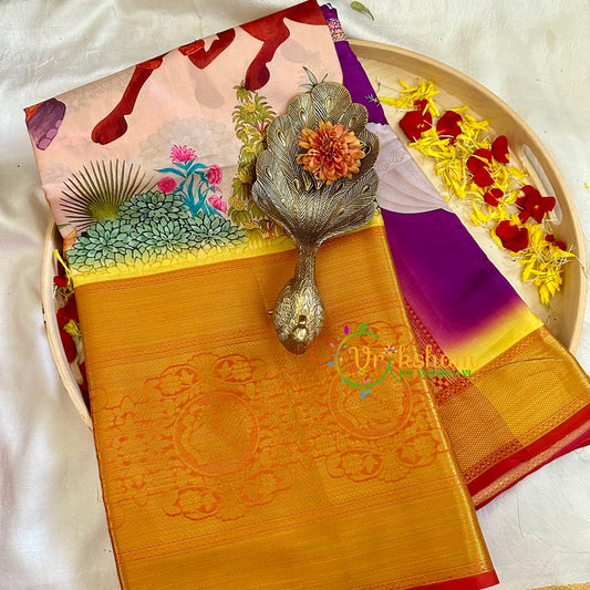 Light Peach with Yellow Kalamkari Soft Silk Saree -VS3170
