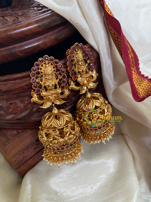 Gold Look Alike Lakshmi Jhumkas -Red Green -G5107