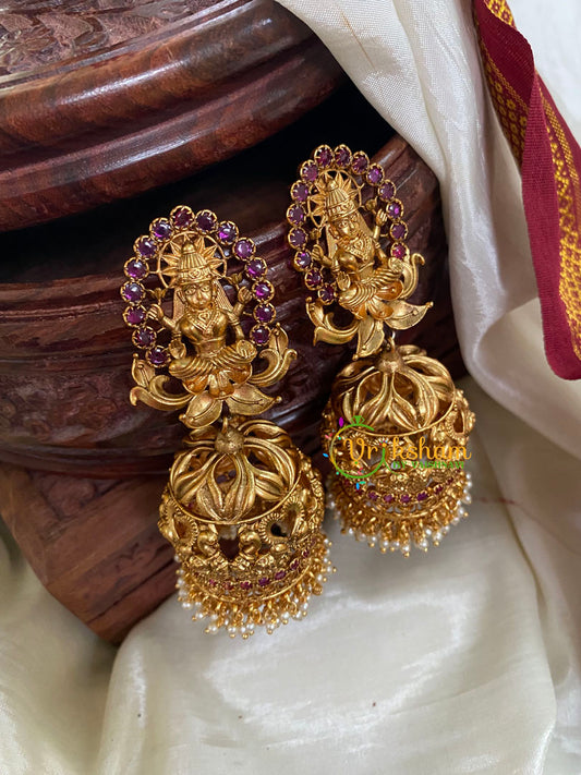 Gold Look Alike Lakshmi Jhumkas -Red-G5106