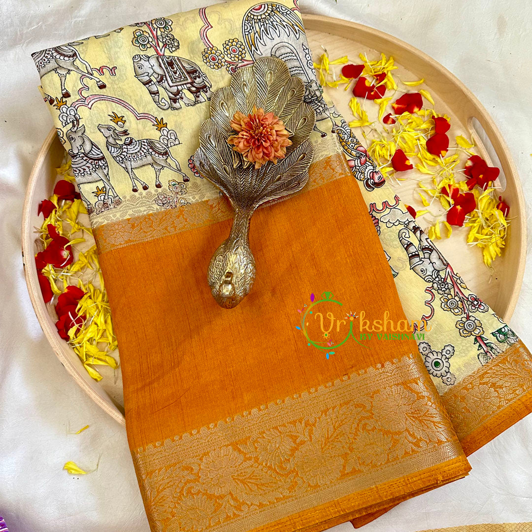 Light Yellow Kalamkari Soft Silk Saree -VS3173