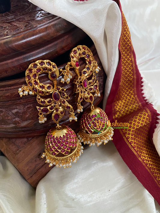 Medium size Kemp Peacock Jhumkas-Red- G5134