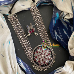 Silver Look Alike Pearl Mala with Pendant -Red White-S297