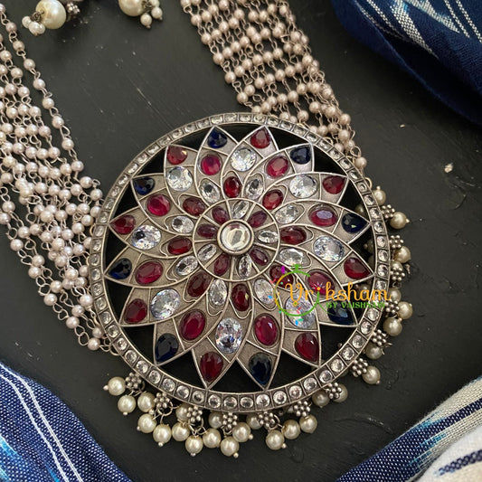 Silver Look Alike Pearl Mala with Pendant -Red White-S297