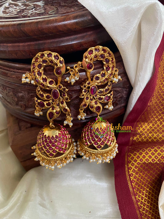 Medium size Kemp Peacock Jhumkas-Red- G5134