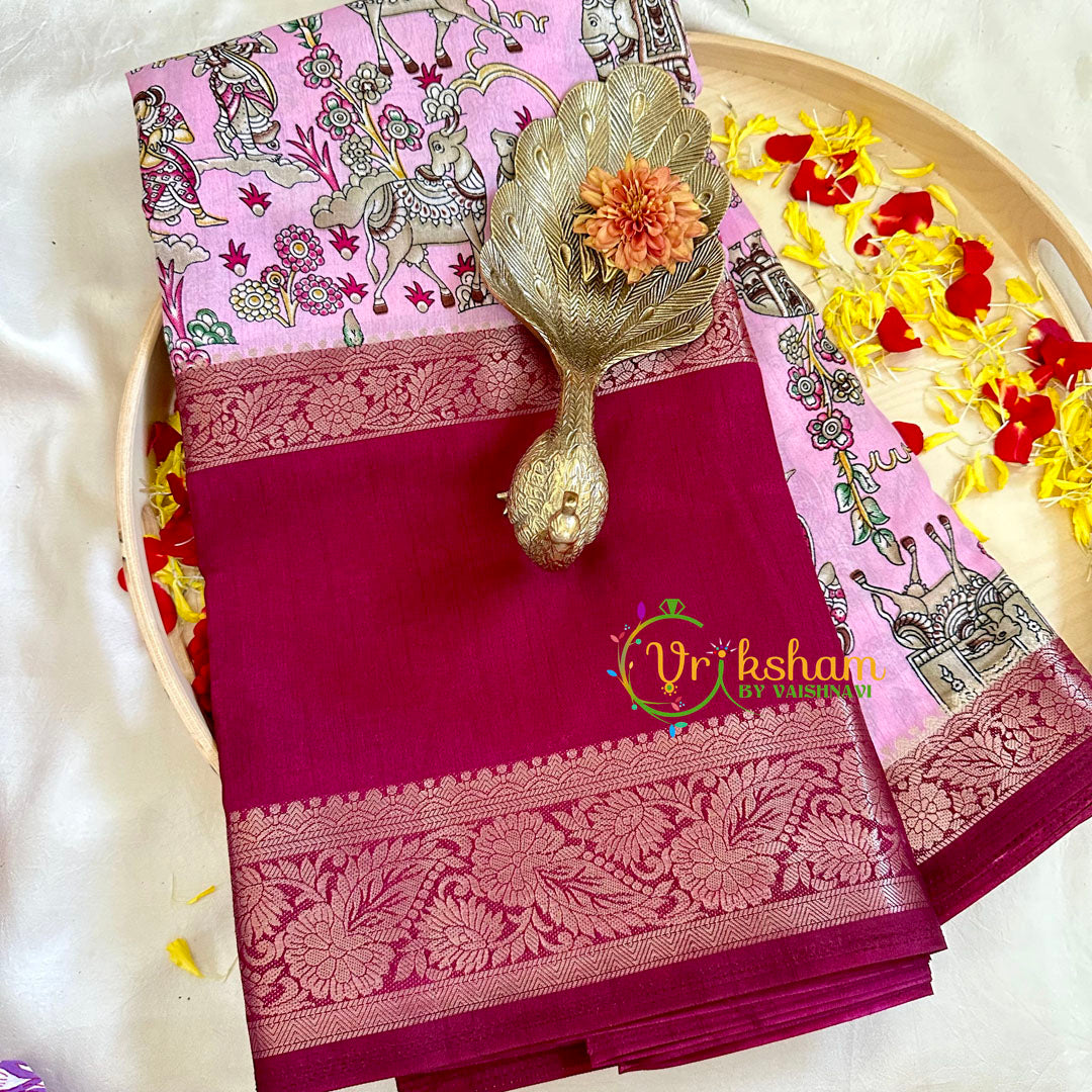 Rosemilk Pink Kalamkari Soft Silk Saree -VS3174