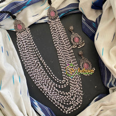 Layered Oxidized Silver Pearl Mala with Mugappu -Pink-S277