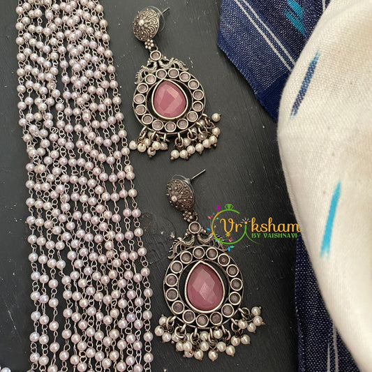 Layered Oxidized Silver Pearl Mala with Mugappu -Pink-S277