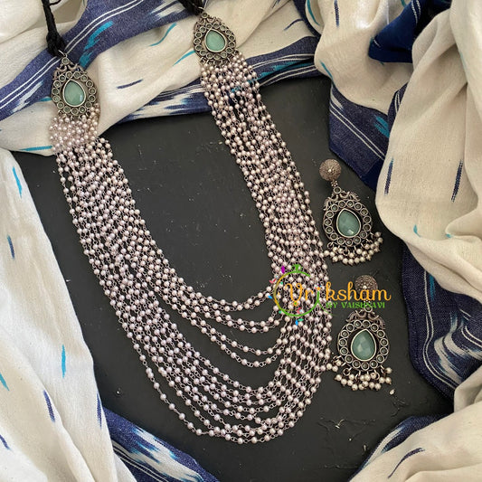 Layered Oxidized Silver Pearl Mala with Mugappu -Green-S278