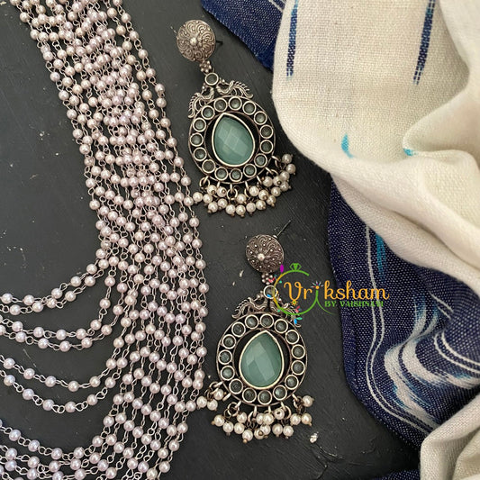 Layered Oxidized Silver Pearl Mala with Mugappu -Green-S278