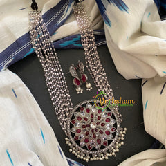 Silver Look Alike Pearl Mala with Pendant -Red White-S296