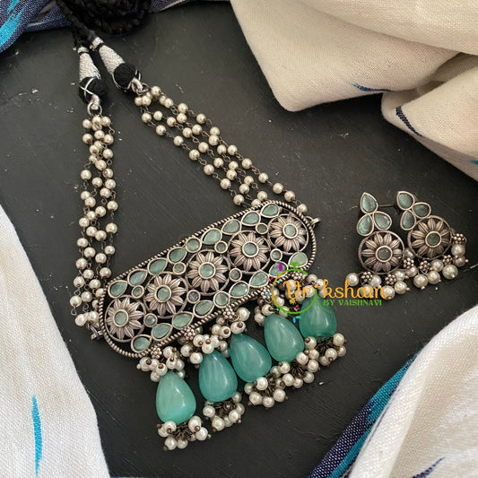 Oxidized Silver Pearl Choker-Sea Green -S284