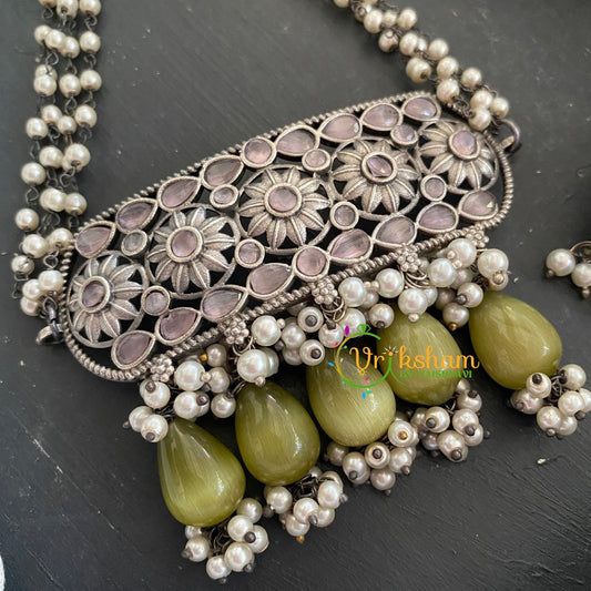 Oxidized Silver Pearl Choker-Olive Green -S286