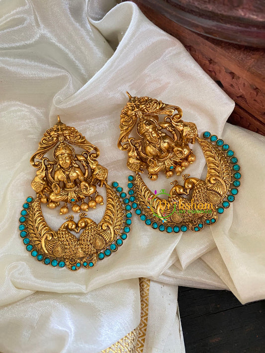 Lakshmi Stud Peacock Chandbali Dangler-Turquoise Blue-G5081