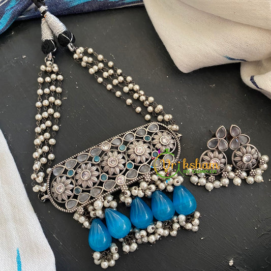 Oxidized Silver Pearl Choker-Blue -S290