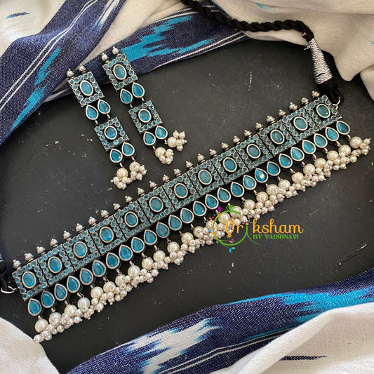 Oxidized Silver Blue High Neck Choker -S281