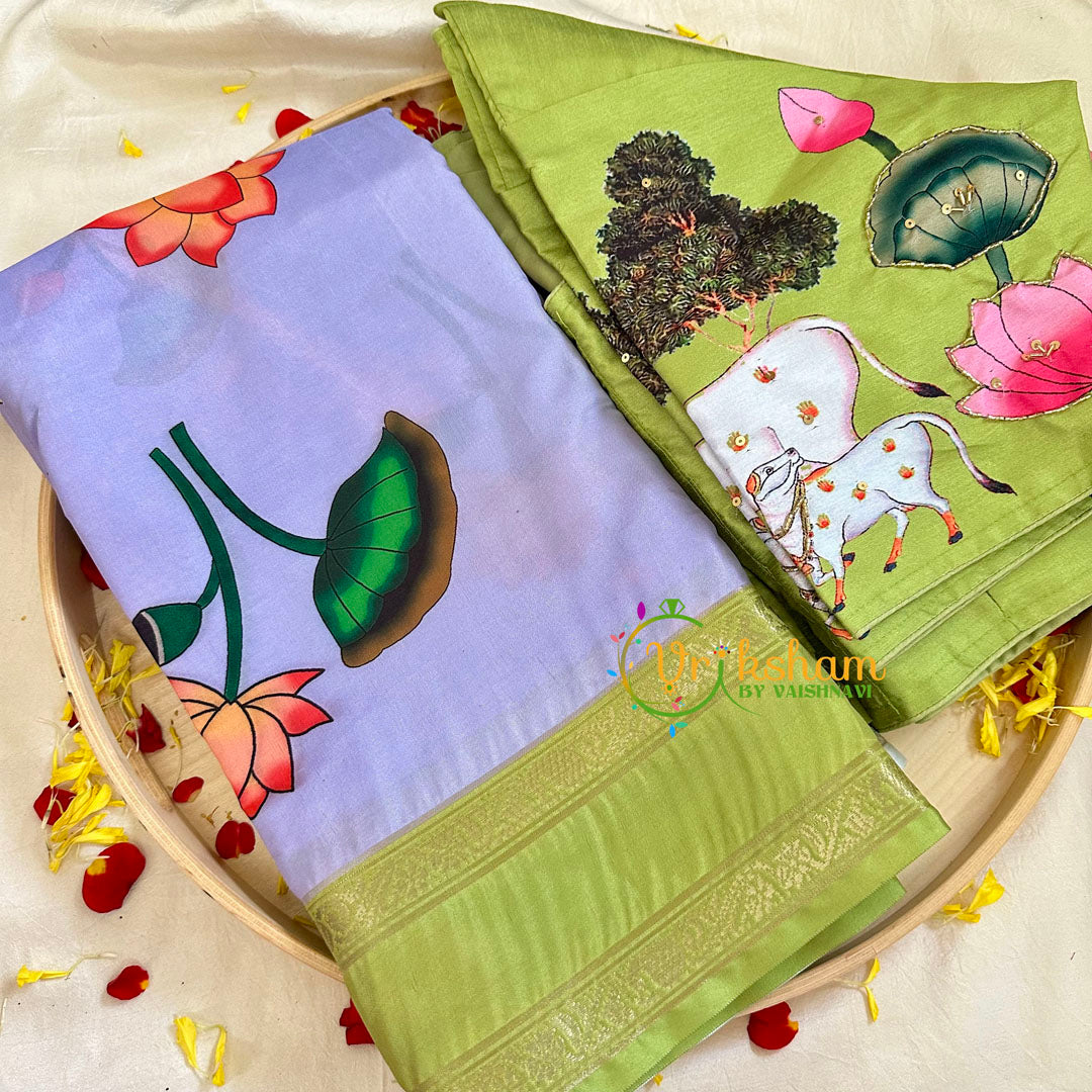 Lavender with Light Green Pichwai Kalamkari Soft Silk Saree -VS3165