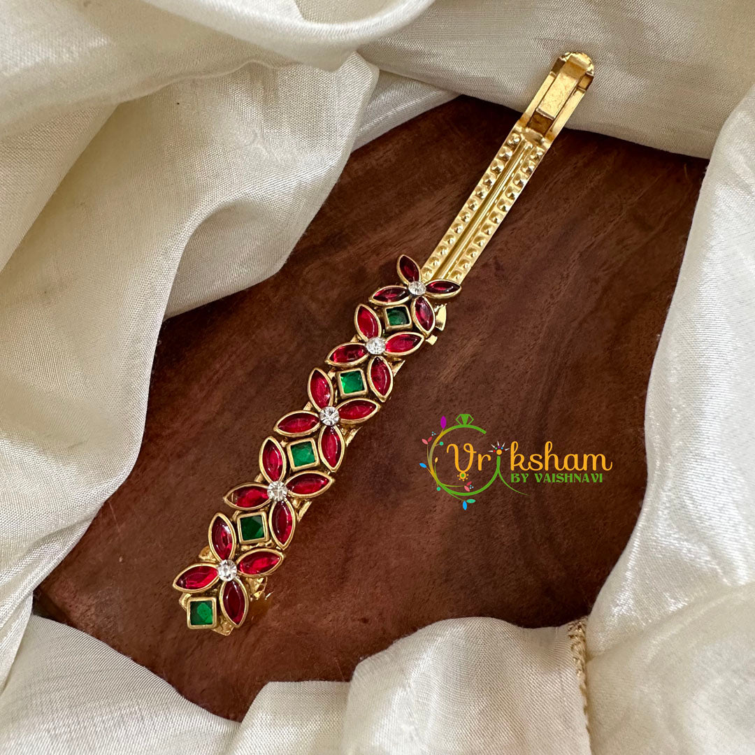 Kundan Hair Clip- Red Green -Floral-H450