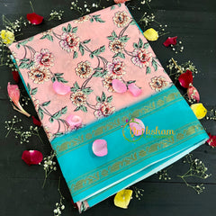 Pink with Blue Floral Semi Soft Silk Saree-VS107