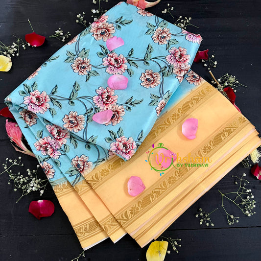 Blue with Yellow Floral Semi Soft Silk Saree-VS106