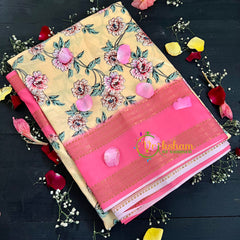 Yellow with Pink Floral Semi Soft Silk Saree-VS105
