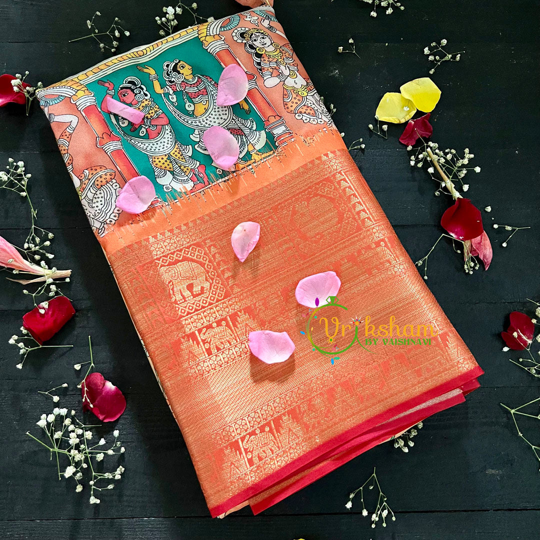Teal Green with Orange Kalamkari Semi Soft Silk Saree-VS103