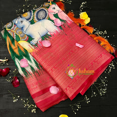 Green with Red Kalamkari Semi Soft Silk Saree-VS101 - Without Blouse
