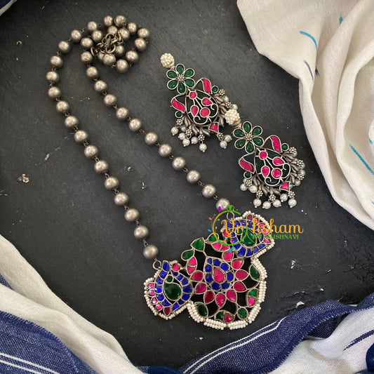 Silver Look Alike Kundan Pendant Chain -S610