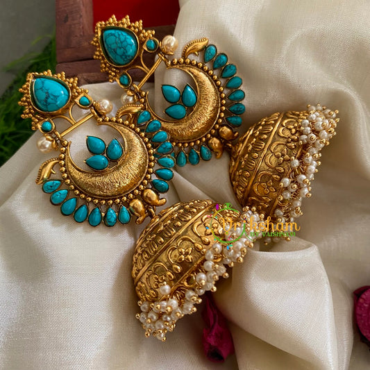 Premium Stone Traditional Jumbo Jhumkas-Turquoise-G3124