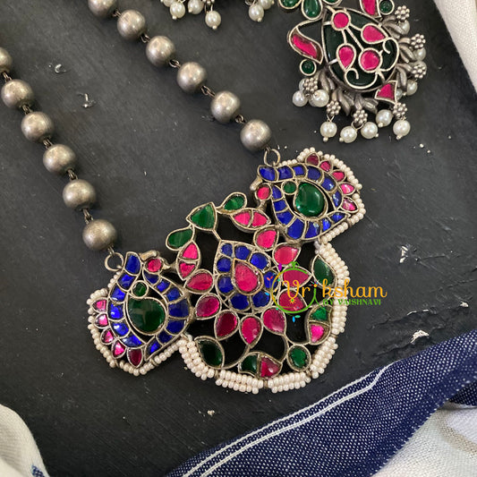 Silver Look Alike Kundan Pendant Chain -S610