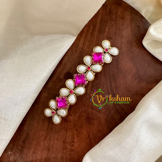 Kundan Hair Clip -White Pink-Floral Dice-H490