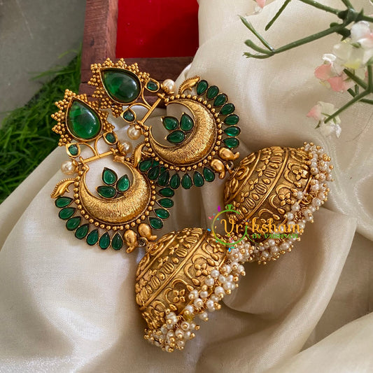 Premium Stone Traditional Jumbo Jhumkas-Green-G3122