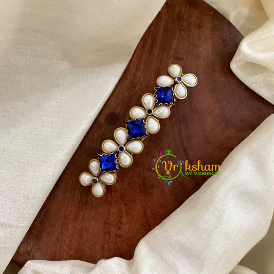 Kundan Hair Clip -White Blue - Floral Dice -H492