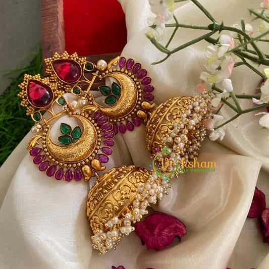 Premium Stone Traditional Jumbo Jhumkas-Red Green-G3121