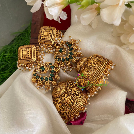 Traditional Three Tier Long Jhumkas-Green-G3146