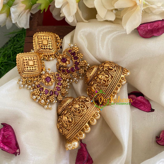 Traditional Three Tier Long Jhumkas-Red-G3144