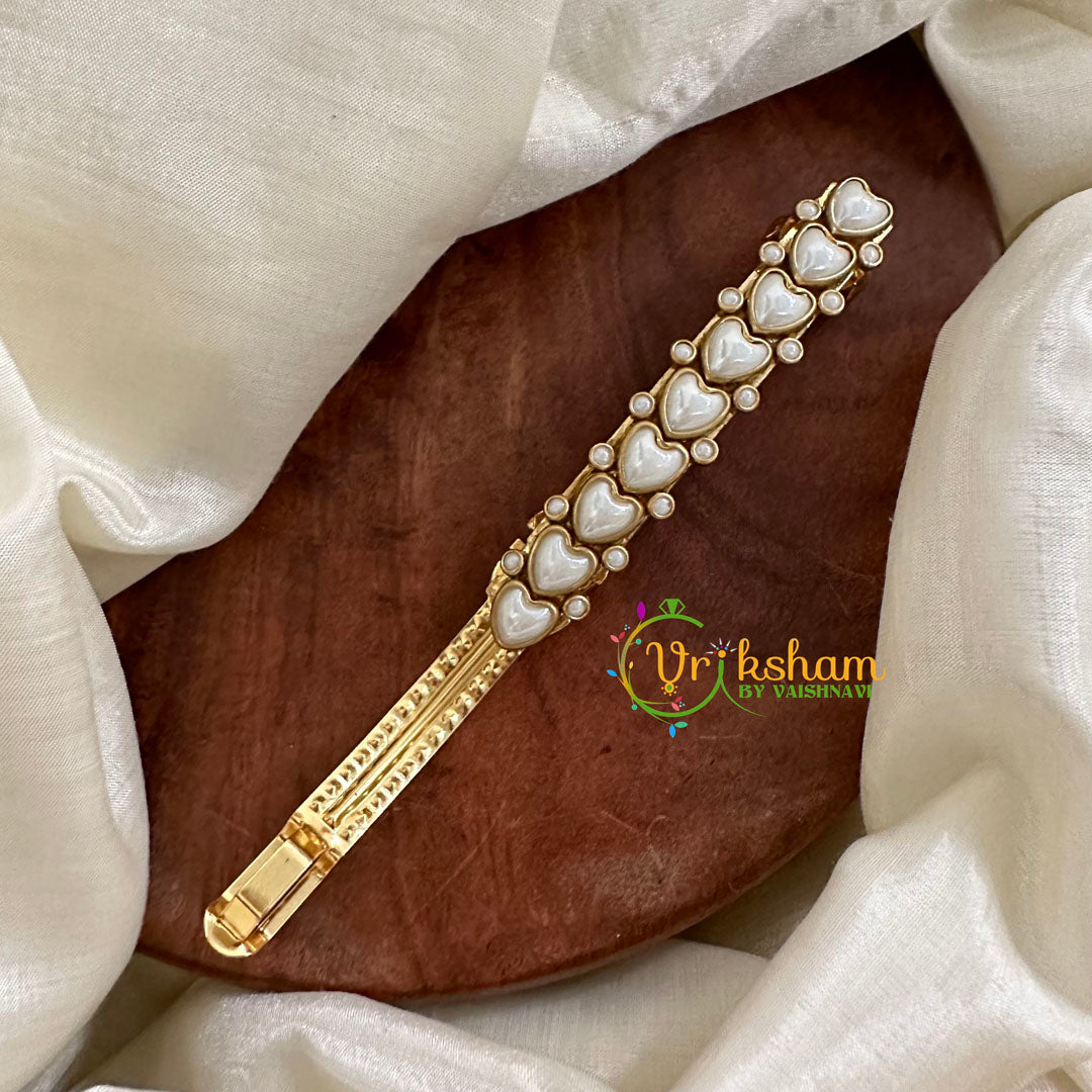 Kundan Hair Clip -White Matt -Hearts -H497