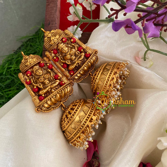 Beaded Traditional Lakshmi Temple Jhumkas-Red-G3134