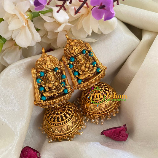 Beaded Traditional Lakshmi Temple Jhumkas-Light Blue-G3133