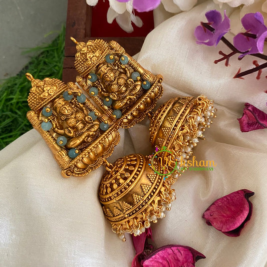 Beaded Traditional Lakshmi Temple Jhumkas-Sage Green-G3132