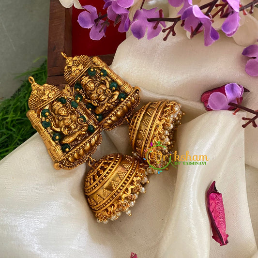 Beaded Traditional Lakshmi Temple Jhumkas-Green-G3131