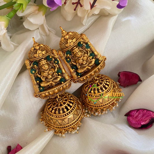 Beaded Traditional Lakshmi Temple Jhumkas-Green-G3131