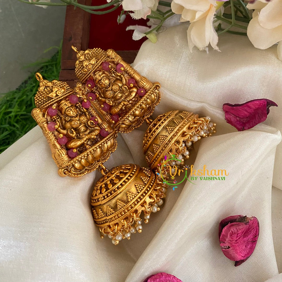 Beaded Traditional Lakshmi Temple Jhumkas-Pink-G3130