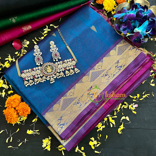  Blue with Violet Handloom Silk Cotton Saree-VS129