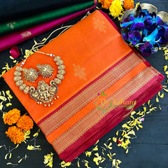  Orange with Red Handloom Silk Cotton Saree-VS128