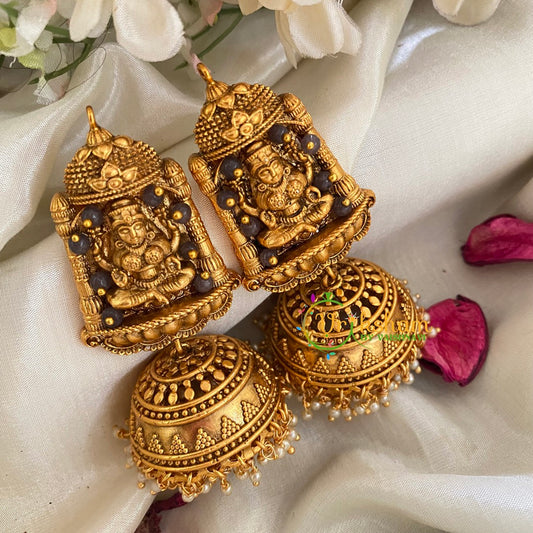 Beaded Traditional Lakshmi Temple Jhumkas-Dark Grey-G3128