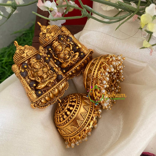 Beaded Traditional Lakshmi Temple Jhumkas-Dark Grey-G3128