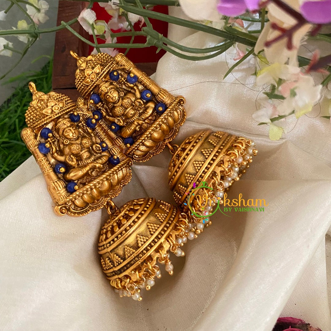 Beaded Traditional Lakshmi Temple Jhumkas-Dark Blue-G3127