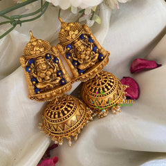 Beaded Traditional Lakshmi Temple Jhumkas-Dark Blue-G3127